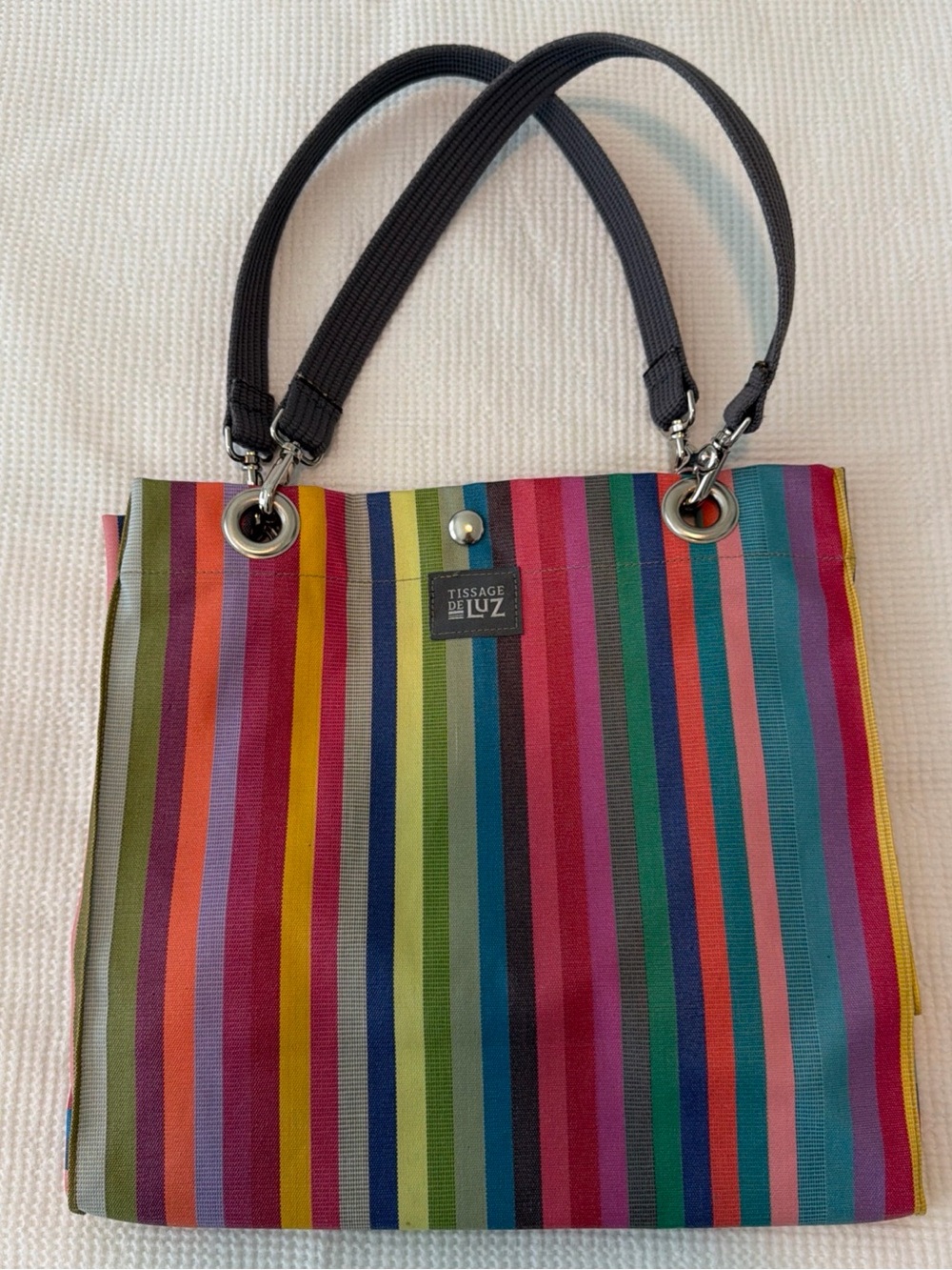 Tissage de Luz French Basque Canvas Multicolor Stripe Tote Bag w/ Black Handles